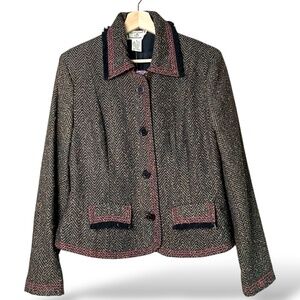 APRIL CORNELL Wool Blend Lined Tweed Button Front Blazer Fringe Trim NWOT Sz M